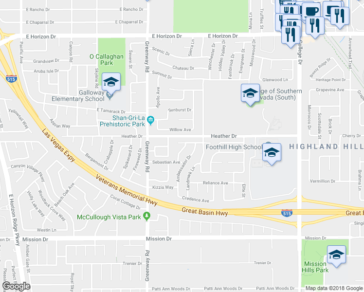map of restaurants, bars, coffee shops, grocery stores, and more near 507 Calypso Drive in Henderson