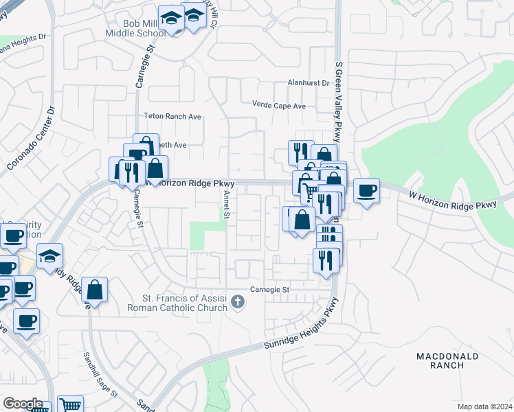 map of restaurants, bars, coffee shops, grocery stores, and more near 2305 West Horizon Ridge Parkway in Henderson