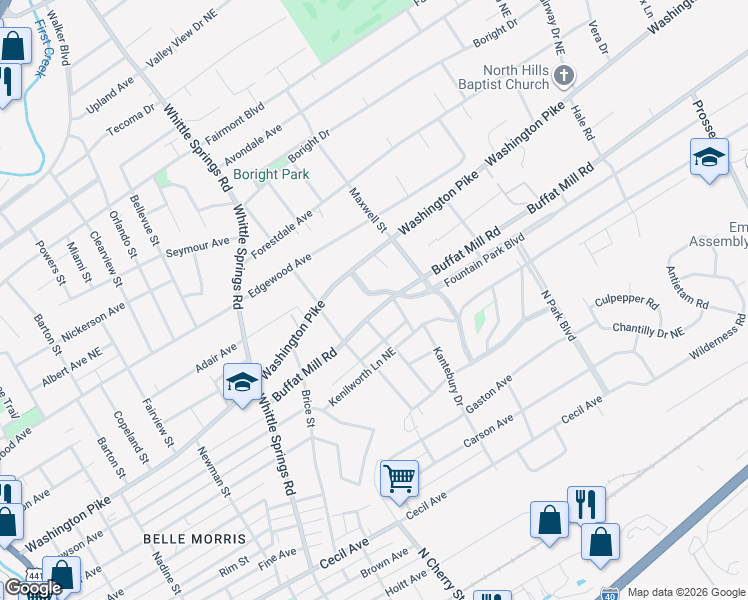 map of restaurants, bars, coffee shops, grocery stores, and more near 1919 North Hills Boulevard in Knoxville