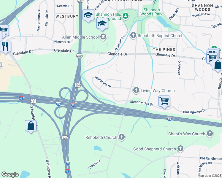 map of restaurants, bars, coffee shops, grocery stores, and more near 4321 Creekdale Drive in Greensboro