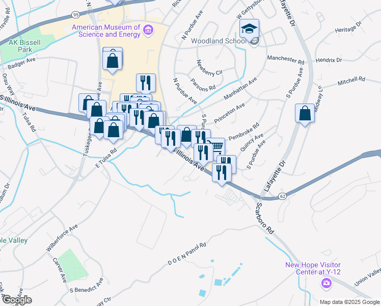 map of restaurants, bars, coffee shops, grocery stores, and more near 105 Potomac Cir in Oak Ridge