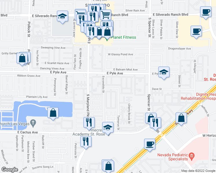 map of restaurants, bars, coffee shops, grocery stores, and more near 1383 East Shadow Haven Lane in Las Vegas