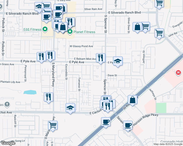 map of restaurants, bars, coffee shops, grocery stores, and more near 10180 Lookout Bridge Street in Las Vegas