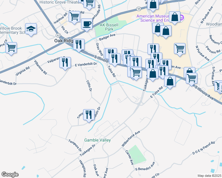 map of restaurants, bars, coffee shops, grocery stores, and more near 189 Tusculum Drive in Oak Ridge