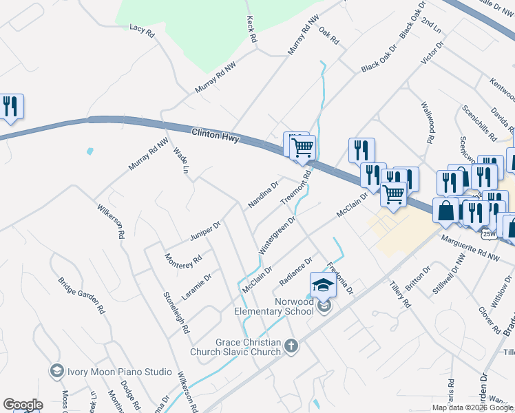 map of restaurants, bars, coffee shops, grocery stores, and more near 2004 Nandina Drive in Knoxville
