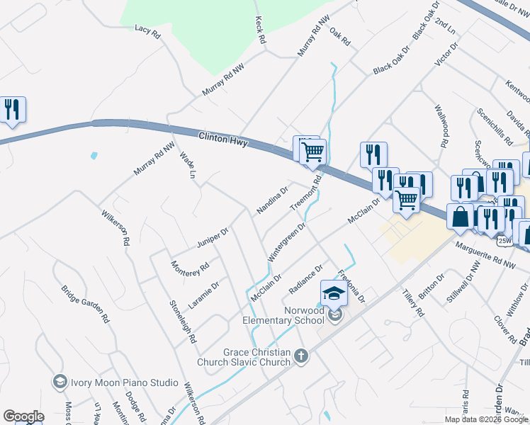 map of restaurants, bars, coffee shops, grocery stores, and more near 2004 Nandina Drive in Knoxville
