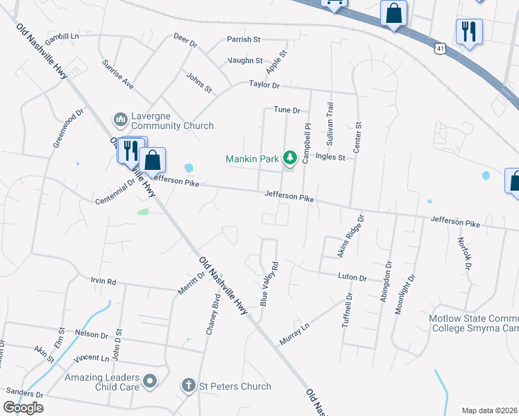 map of restaurants, bars, coffee shops, grocery stores, and more near 4008 Margo Circle in La Vergne