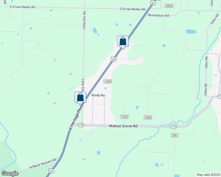 map of restaurants, bars, coffee shops, grocery stores, and more near 10950 Brady Road in Prairie Grove