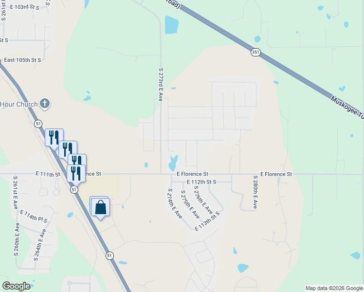 map of restaurants, bars, coffee shops, grocery stores, and more near 11016 South 275th East Avenue in Coweta