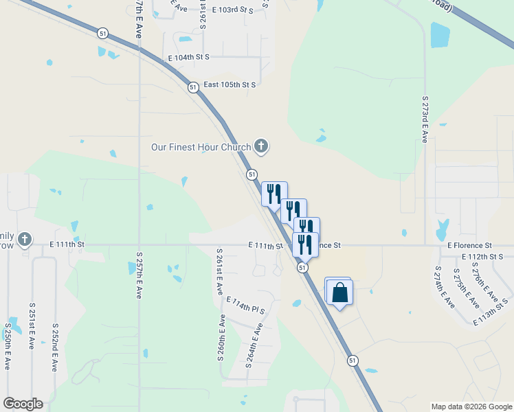 map of restaurants, bars, coffee shops, grocery stores, and more near 10912 South 264th East Avenue in Coweta