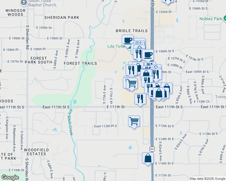 map of restaurants, bars, coffee shops, grocery stores, and more near 10931 South 77th East Place in Tulsa