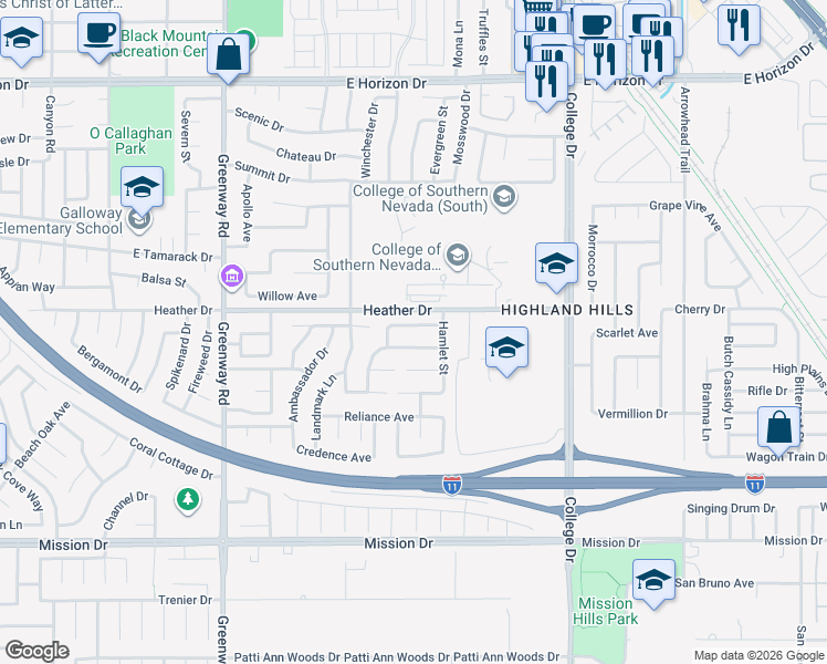 map of restaurants, bars, coffee shops, grocery stores, and more near 553 Apostle Drive in Henderson