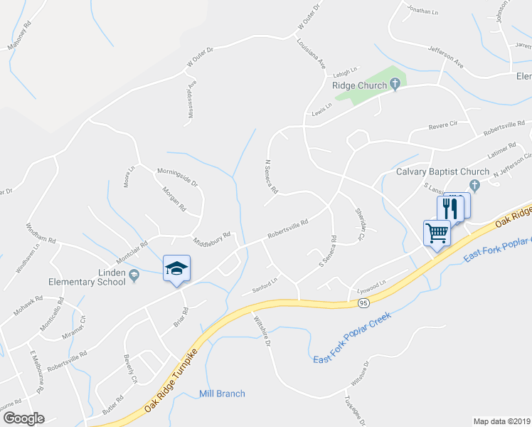 map of restaurants, bars, coffee shops, grocery stores, and more near 109 Stanton Lane in Oak Ridge