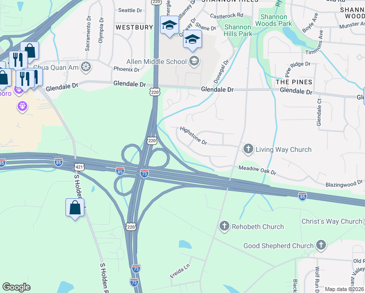 map of restaurants, bars, coffee shops, grocery stores, and more near 4318 Creekdale Drive in Greensboro