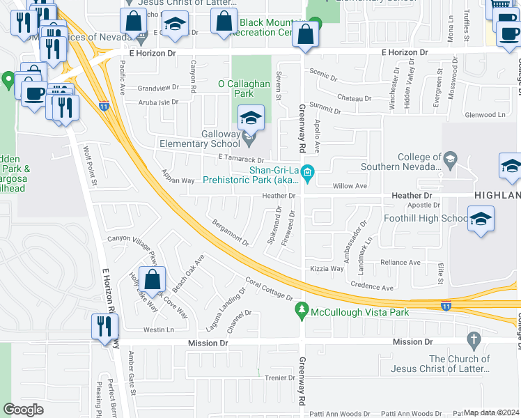 map of restaurants, bars, coffee shops, grocery stores, and more near 871 Bergamont Drive in Henderson