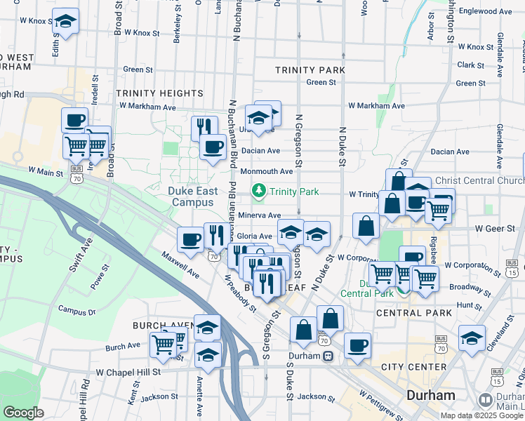 map of restaurants, bars, coffee shops, grocery stores, and more near 1026 Minerva Avenue in Durham