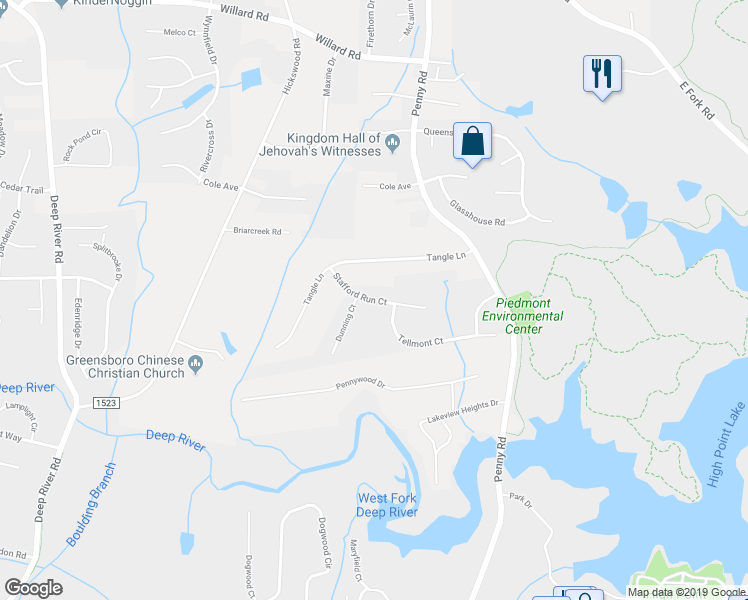 map of restaurants, bars, coffee shops, grocery stores, and more near 3911 Stafford Run Court in High Point