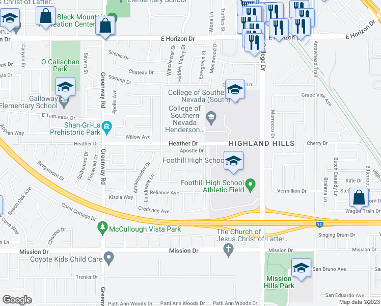 map of restaurants, bars, coffee shops, grocery stores, and more near 553 Apostle Drive in Henderson