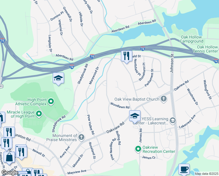 map of restaurants, bars, coffee shops, grocery stores, and more near 3514 Rolling Road in High Point