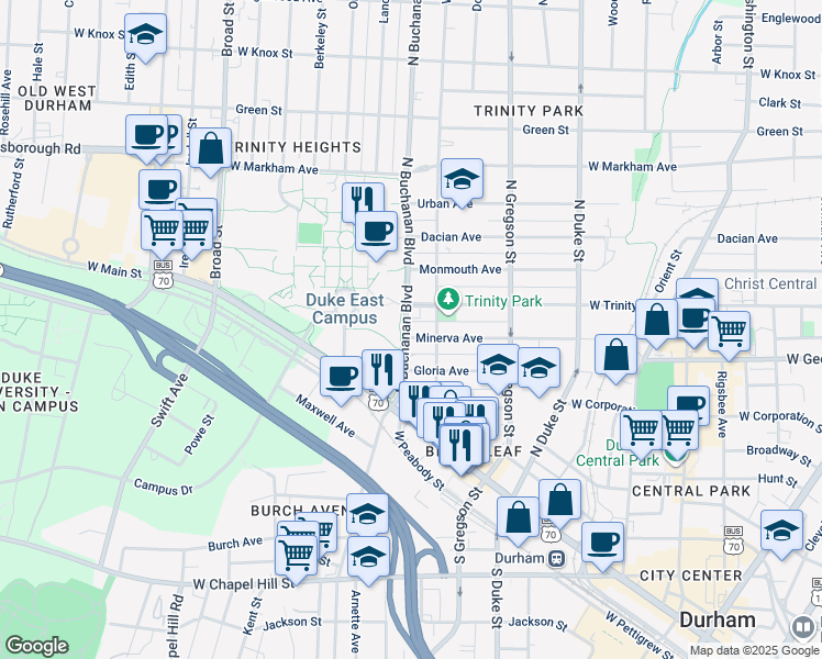 map of restaurants, bars, coffee shops, grocery stores, and more near 1110 Minerva Avenue in Durham
