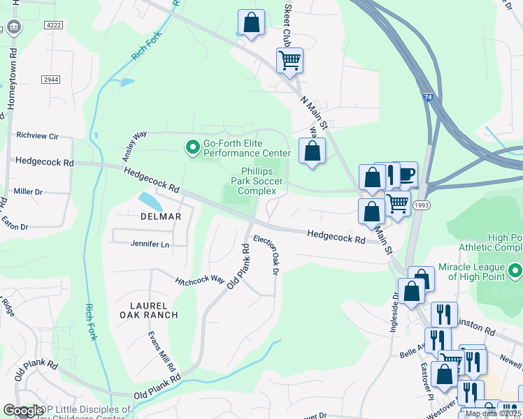 map of restaurants, bars, coffee shops, grocery stores, and more near 6109 Hedgecock Circle in High Point