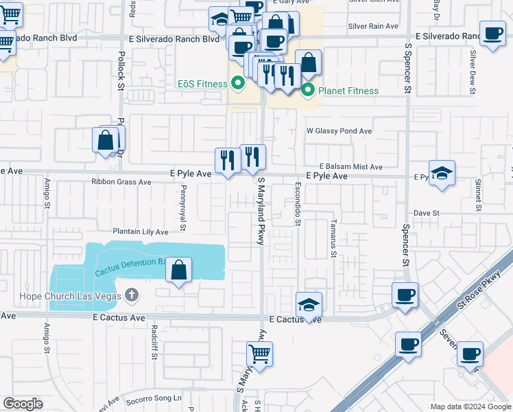 map of restaurants, bars, coffee shops, grocery stores, and more near 10182 Village Breeze Place in Las Vegas