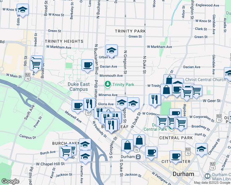 map of restaurants, bars, coffee shops, grocery stores, and more near 1016 Minerva Avenue in Durham