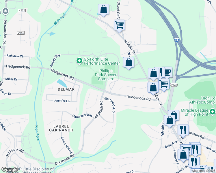map of restaurants, bars, coffee shops, grocery stores, and more near 6109 Hedgecock Circle in High Point