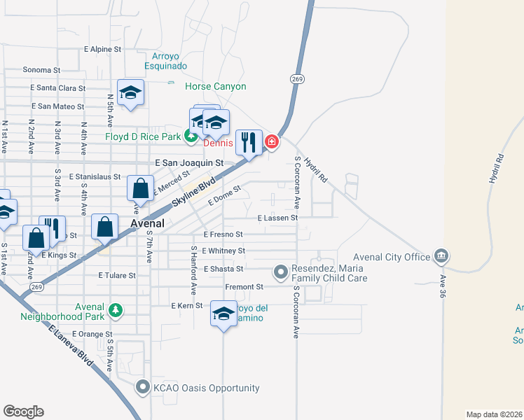 map of restaurants, bars, coffee shops, grocery stores, and more near 1005 East Lassen Street in Avenal