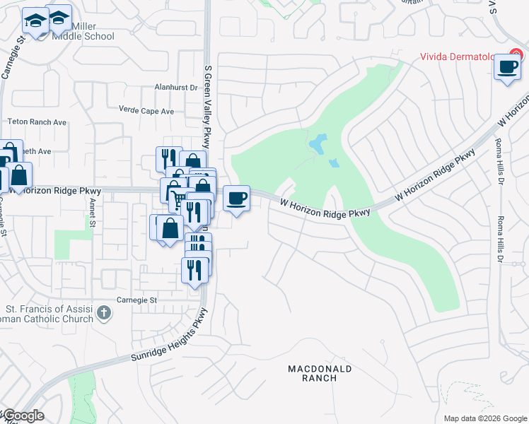 map of restaurants, bars, coffee shops, grocery stores, and more near 533 Kings Links Street in Henderson