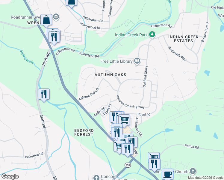 map of restaurants, bars, coffee shops, grocery stores, and more near 6829 Scarlet Ridge Drive in Brentwood