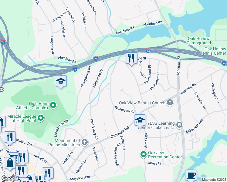 map of restaurants, bars, coffee shops, grocery stores, and more near 3514 Rolling Road in High Point