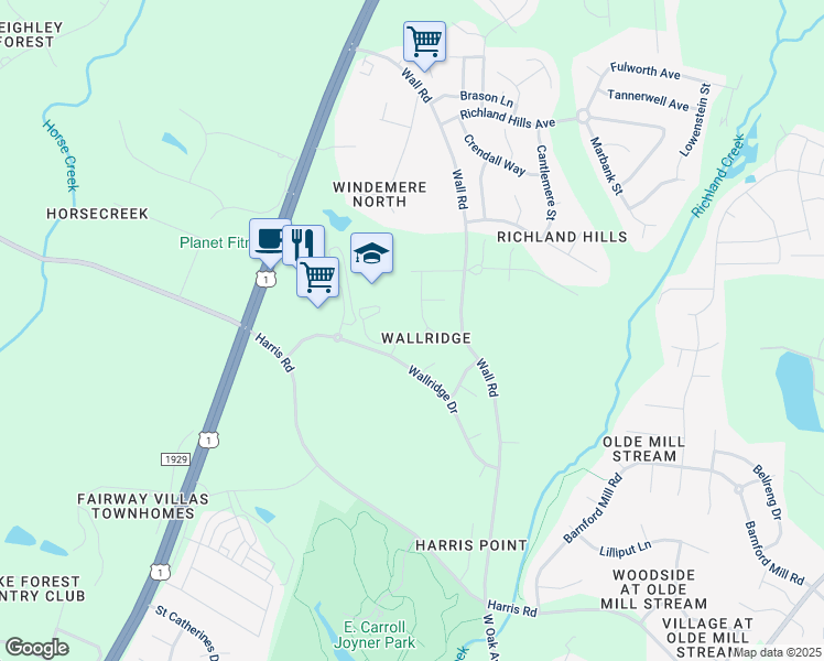 map of restaurants, bars, coffee shops, grocery stores, and more near 709 Comphrey Court in Wake Forest