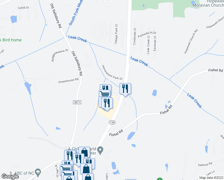 map of restaurants, bars, coffee shops, grocery stores, and more near 1641 Olivers Crossing Creek in Winston-Salem