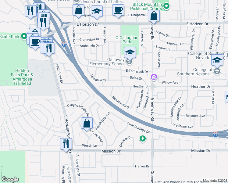 map of restaurants, bars, coffee shops, grocery stores, and more near 817 Bergamont Drive in Henderson