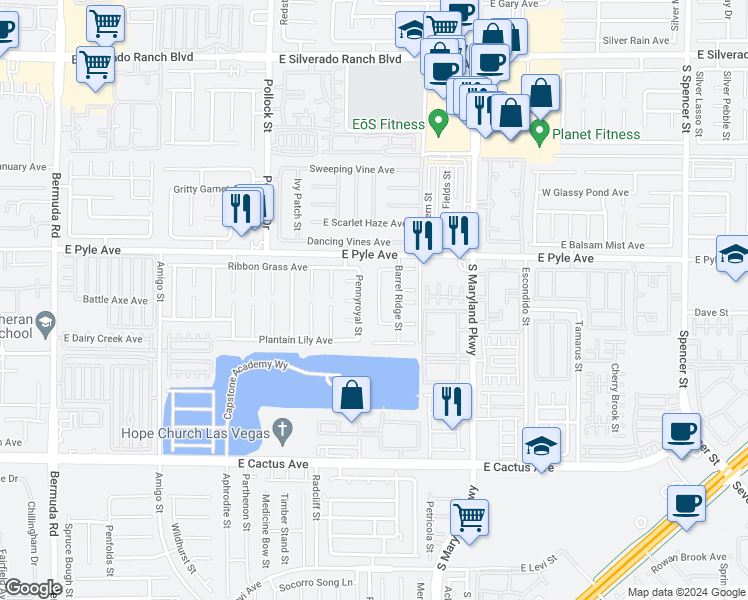 map of restaurants, bars, coffee shops, grocery stores, and more near 10214 Pennyroyal Street in Las Vegas