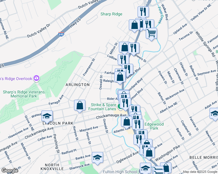 map of restaurants, bars, coffee shops, grocery stores, and more near 1108 Colonial Avenue Northeast in Knoxville