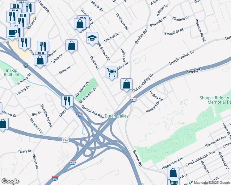 map of restaurants, bars, coffee shops, grocery stores, and more near 401 Durbin Drive Northeast in Knoxville