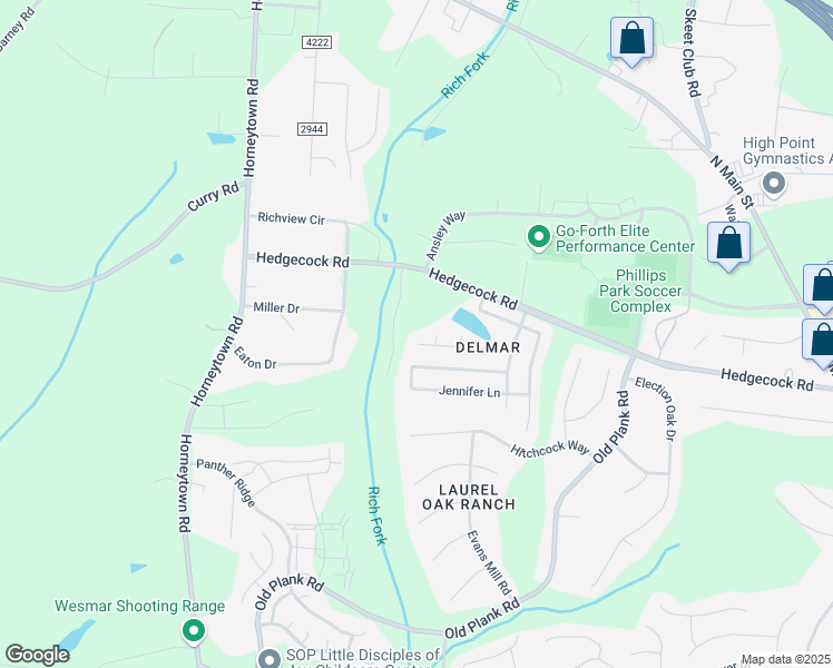 map of restaurants, bars, coffee shops, grocery stores, and more near 6461 Flintlock Court in High Point