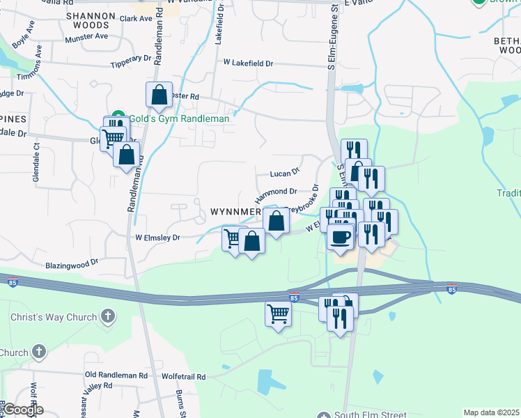 map of restaurants, bars, coffee shops, grocery stores, and more near 207 Hammond Drive in Greensboro