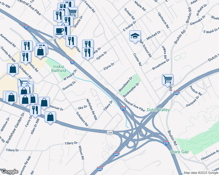 map of restaurants, bars, coffee shops, grocery stores, and more near 4409 Central Avenue Pike in Knoxville