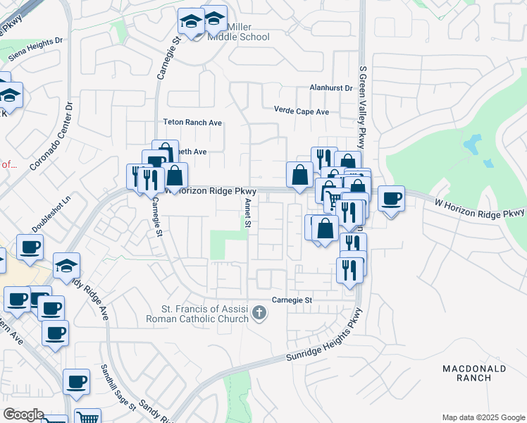map of restaurants, bars, coffee shops, grocery stores, and more near 2305 West Horizon Ridge Parkway in Henderson