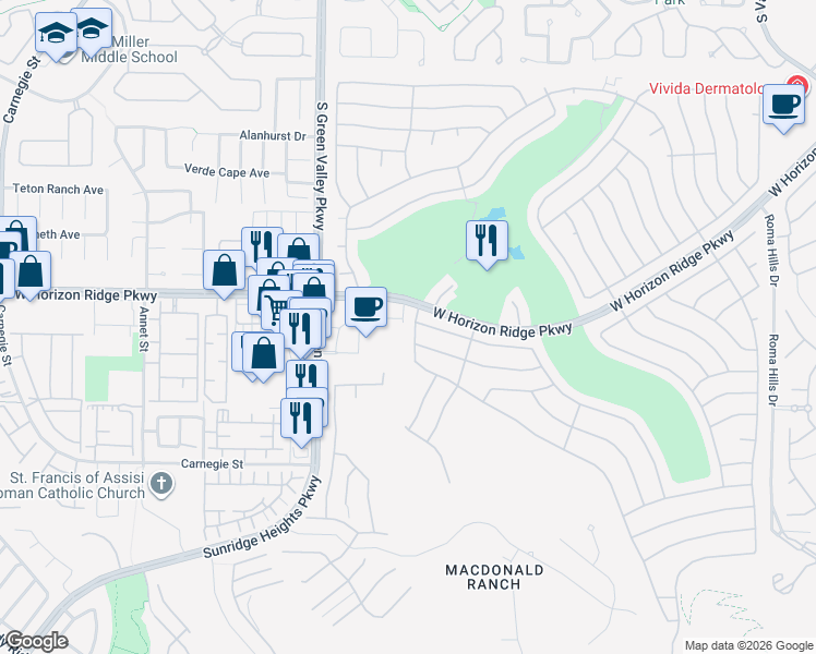 map of restaurants, bars, coffee shops, grocery stores, and more near 533 Kings Links Street in Henderson