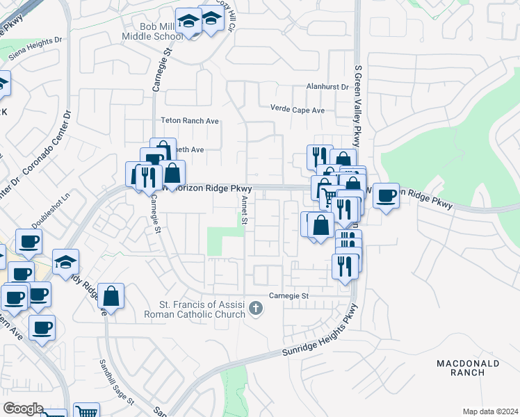map of restaurants, bars, coffee shops, grocery stores, and more near 2305 West Horizon Ridge Parkway in Henderson