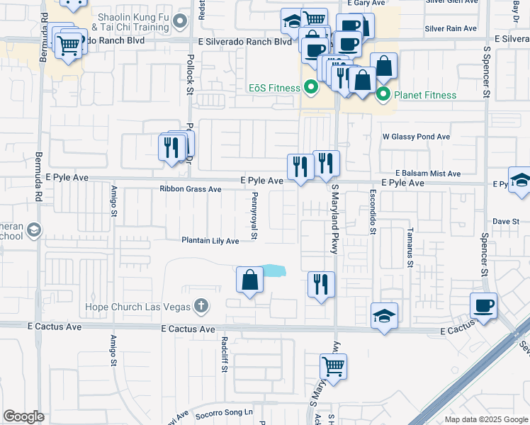 map of restaurants, bars, coffee shops, grocery stores, and more near 10214 Pennyroyal Street in Las Vegas
