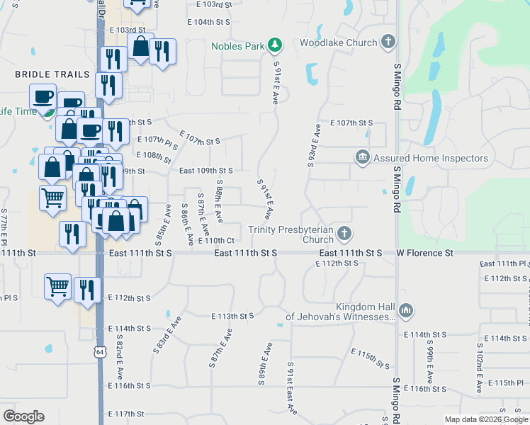 map of restaurants, bars, coffee shops, grocery stores, and more near 11048 South 91st East AVE in Tulsa