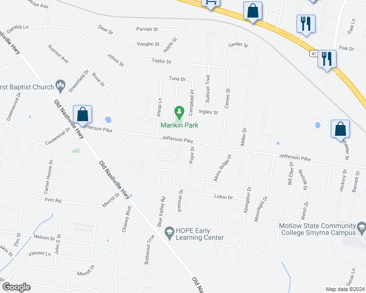 map of restaurants, bars, coffee shops, grocery stores, and more near 4062 Margo Circle in La Vergne