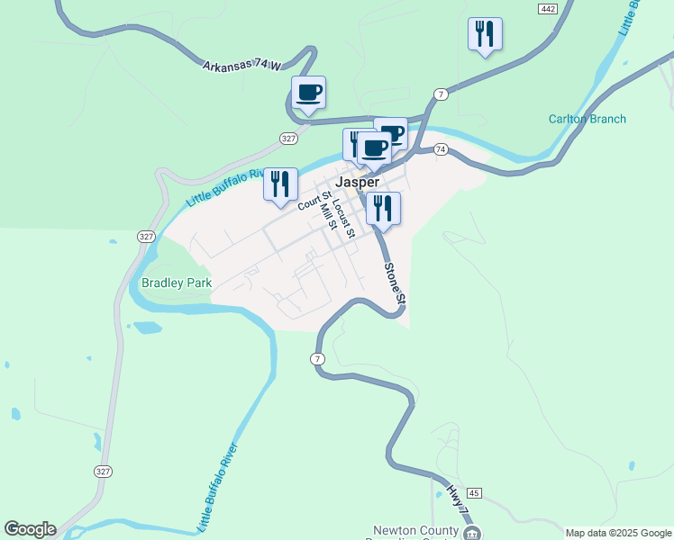 map of restaurants, bars, coffee shops, grocery stores, and more near 102 Mountain Street in Jasper