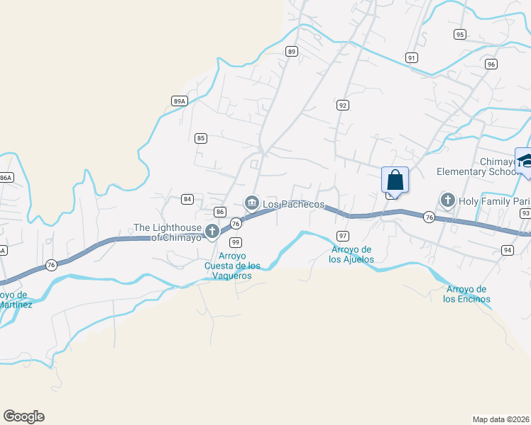 map of restaurants, bars, coffee shops, grocery stores, and more near 619 New Mexico 76 in Santa Cruz
