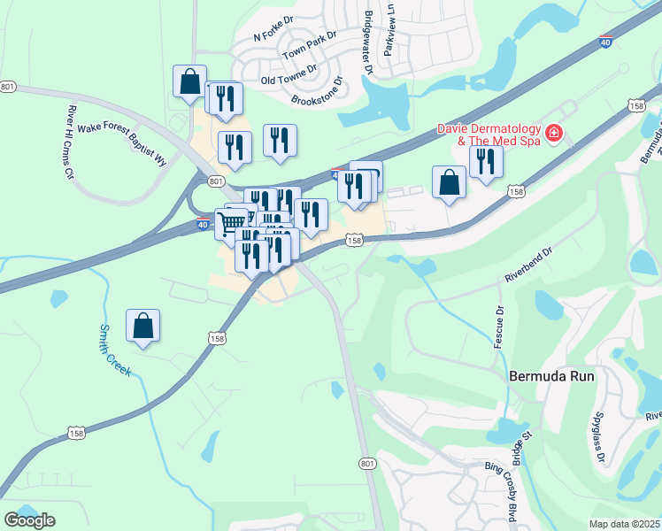 map of restaurants, bars, coffee shops, grocery stores, and more near 129 North Carolina 801 in Bermuda Run